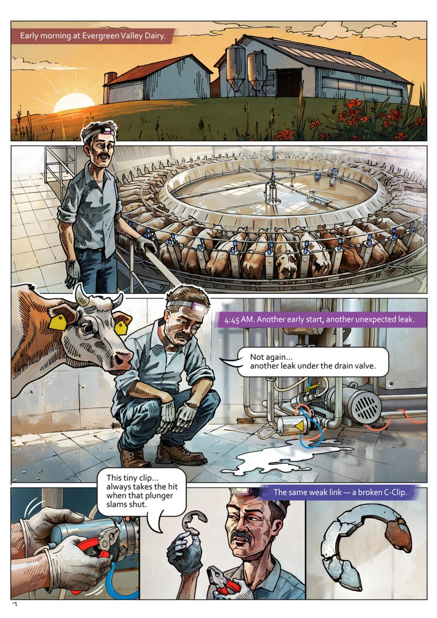 Comic page 1: Early morning at Evergreen Valley Dairy. Technician discovers recurring leak under drain valve caused by broken C-Clip.