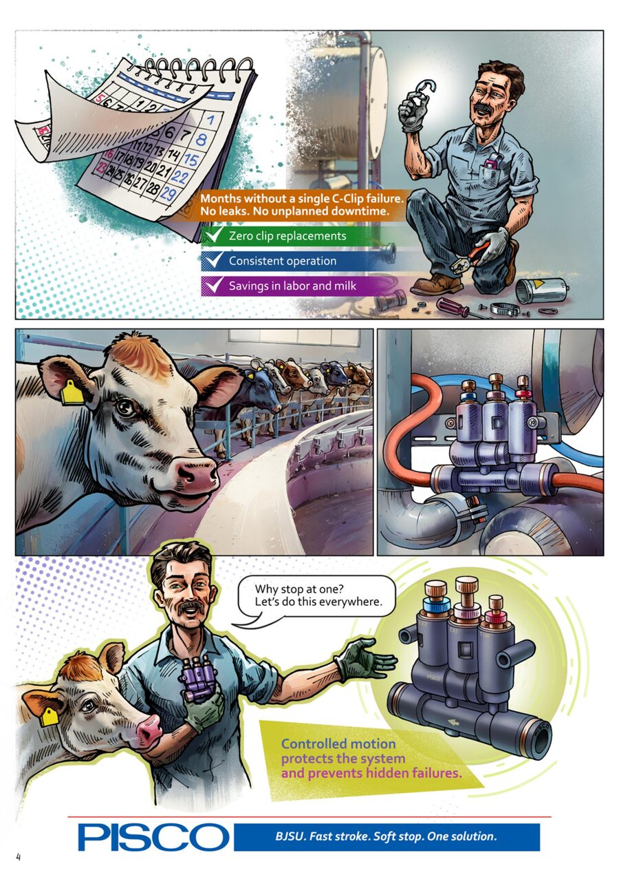Comic page 4: Months without a single C-Clip failure. Zero clip replacements, consistent operation, savings in labor and milk. BJSU: Fast stroke. Soft stop. One solution.