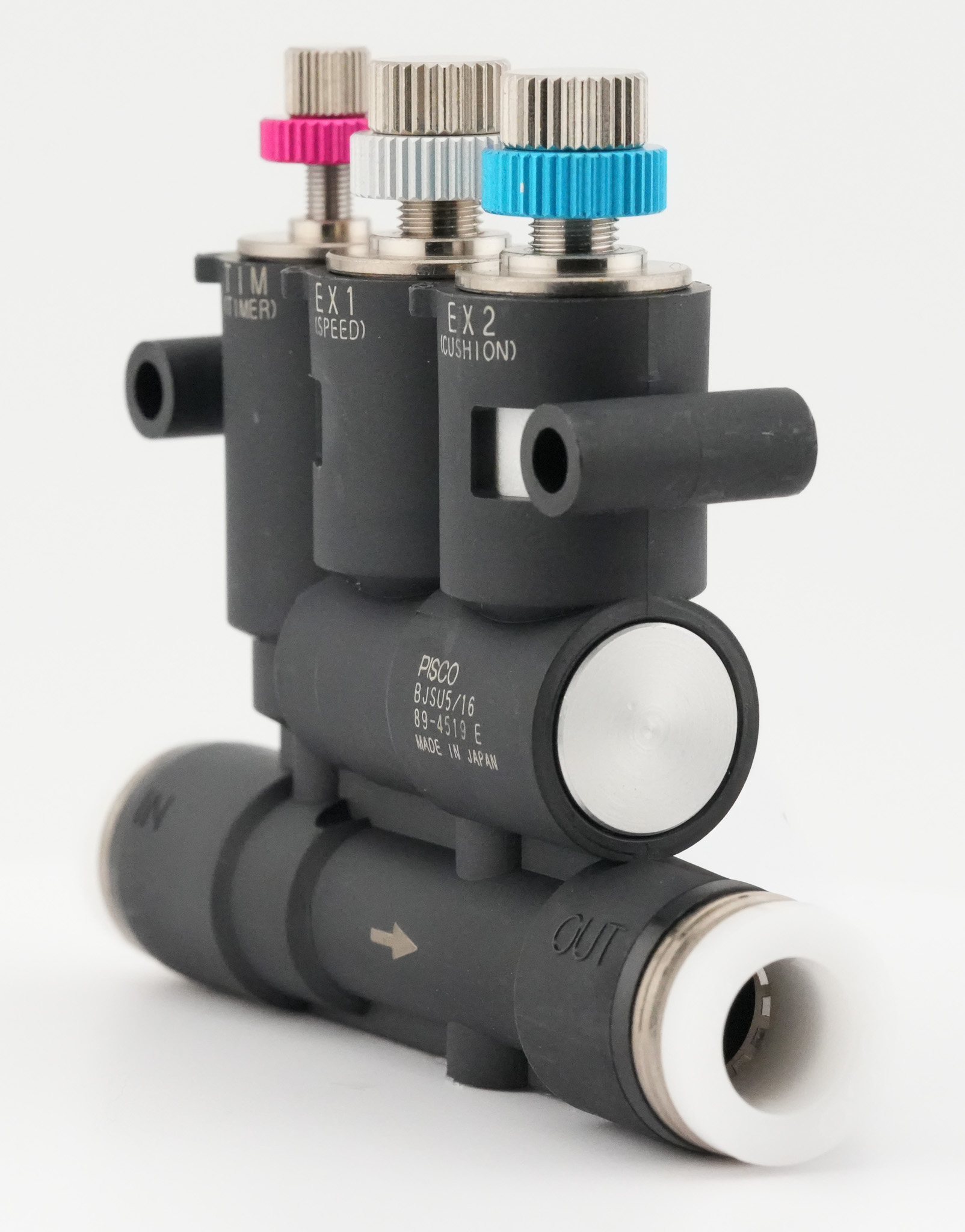 BJSU 2-Stage Flow Controller, alternate angle showing the three needle adjusters and inline push-in body