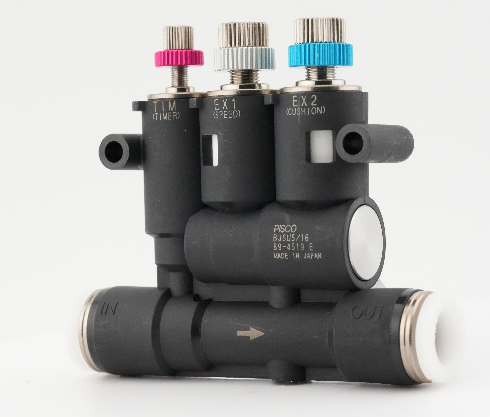 BJSU 5/16 inch model, front view showing IN and OUT push-in ports and Made in Japan stamp