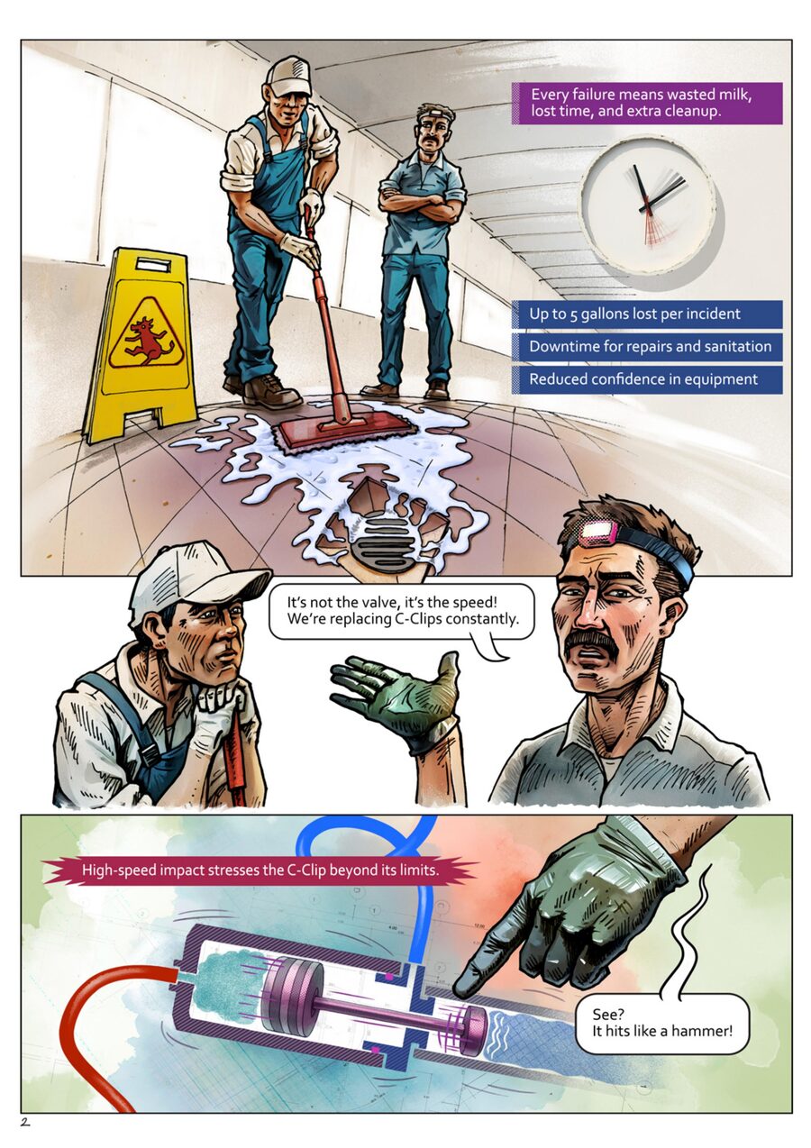 Comic page 2: Team cleaning up milk spill. High-speed impact stresses the C-Clip beyond its limits, it hits like a hammer.