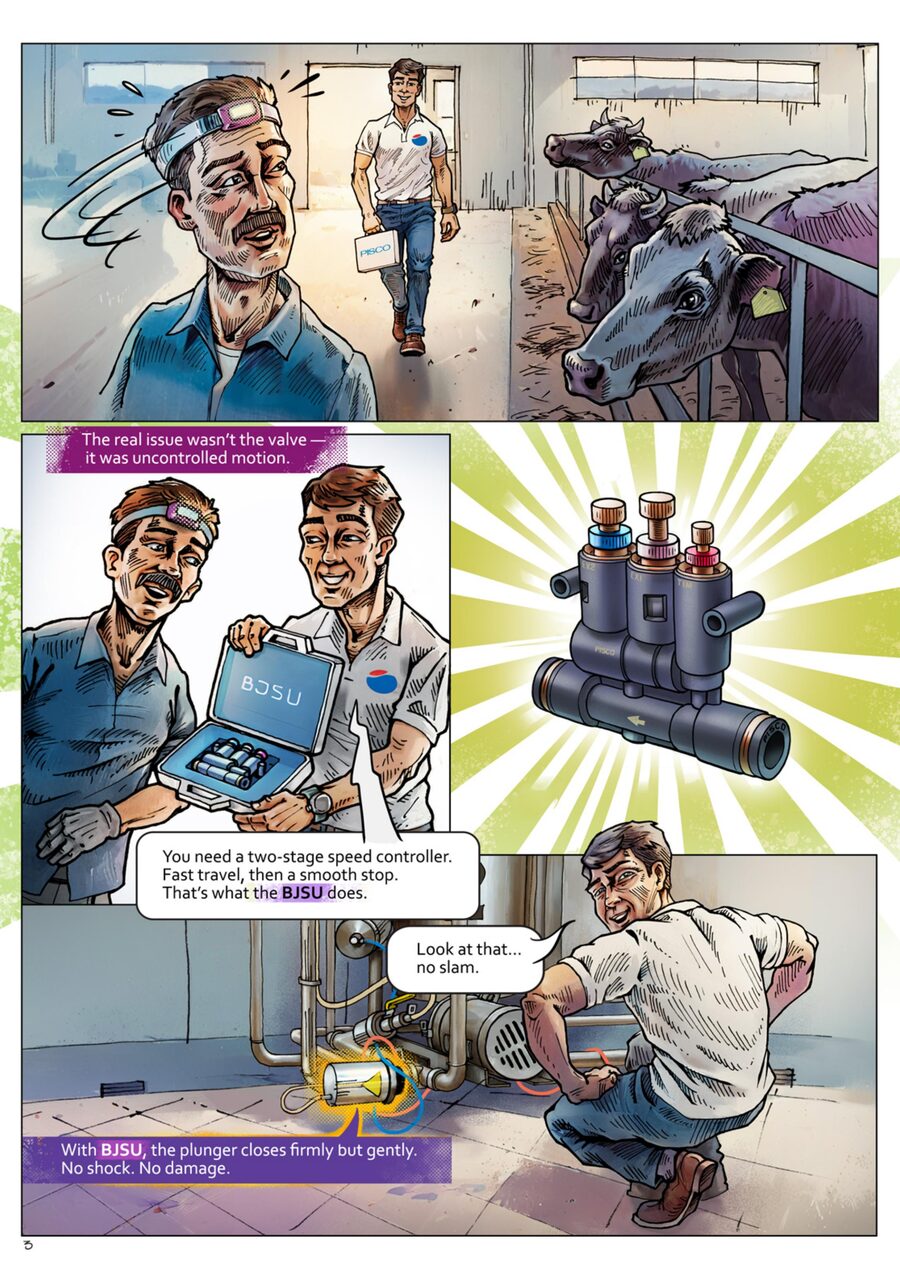 Comic page 3: Pisco representative arrives with BJSU 2-stage flow controller. Installed on drain valve, no slam, no damage.