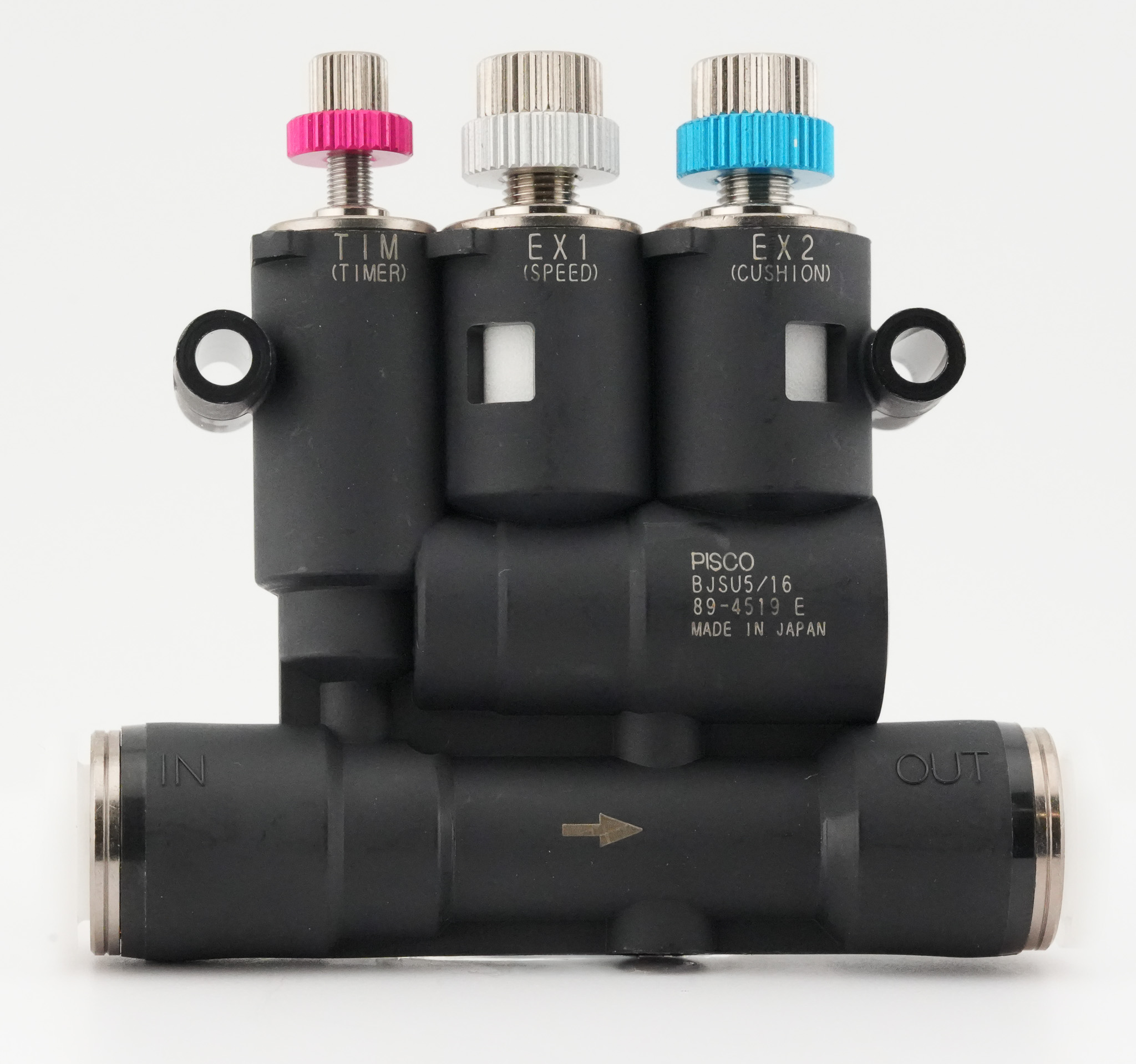 BJSU front view showing TIM (Timer), EX1 (Speed) and EX2 (Cushion) needle labels on the product body